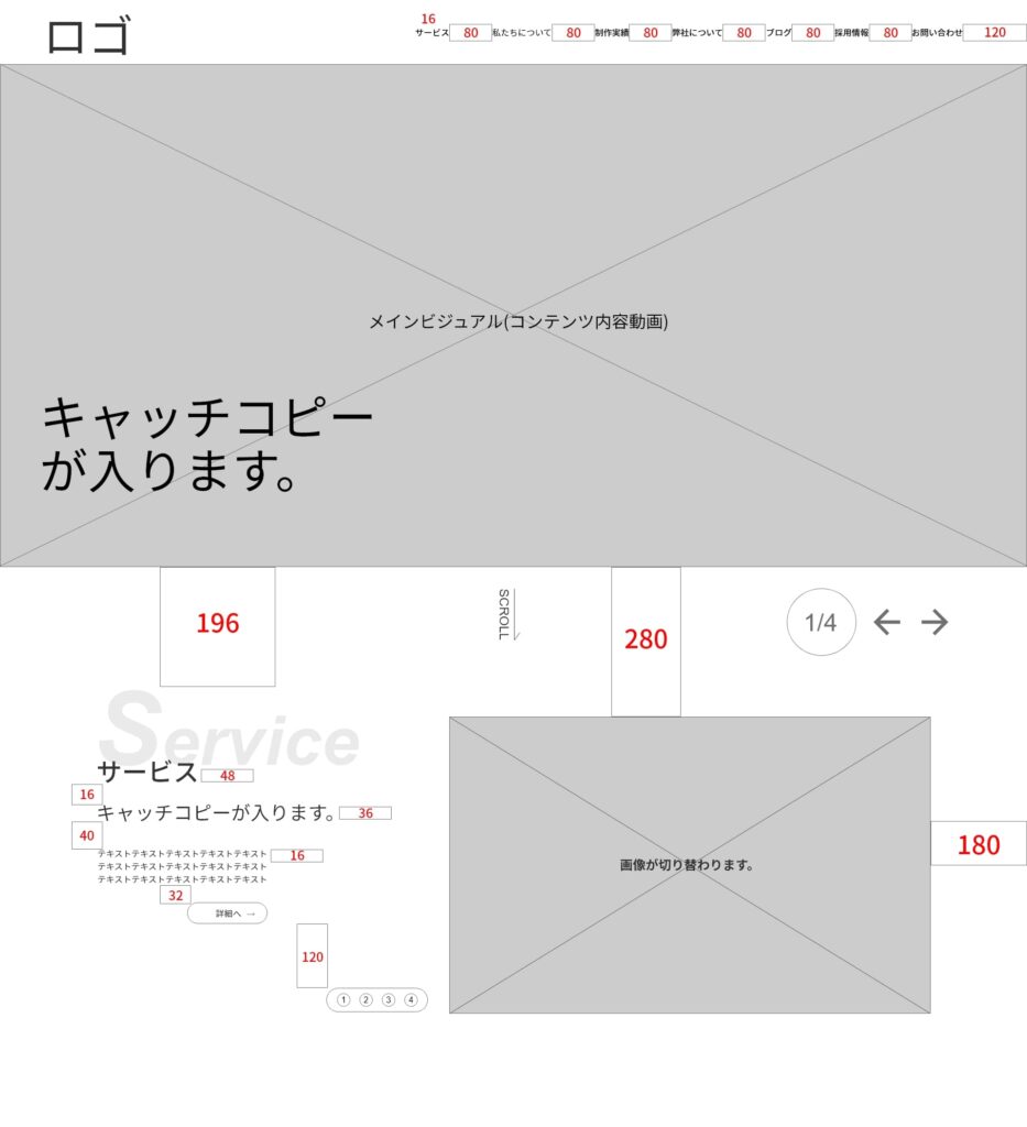 8の倍数で余白やフォントサイズを適用しているワイヤーフレームの画像